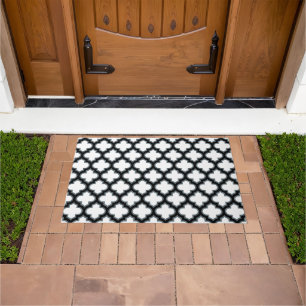 White and Black Trellis, Lattice, Quatrefoil Doormat