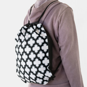 White and Black Trellis, Lattice, Quatrefoil Drawstring Bag