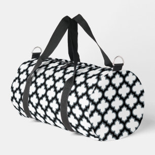 White and Black Trellis, Lattice, Quatrefoil Duffle Bag