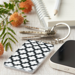 White and Black Trellis, Lattice, Quatrefoil Keychain