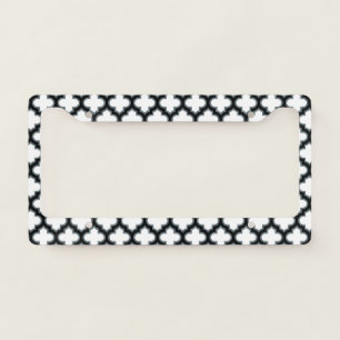 White and Black Trellis, Lattice, Quatrefoil License Plate Frame