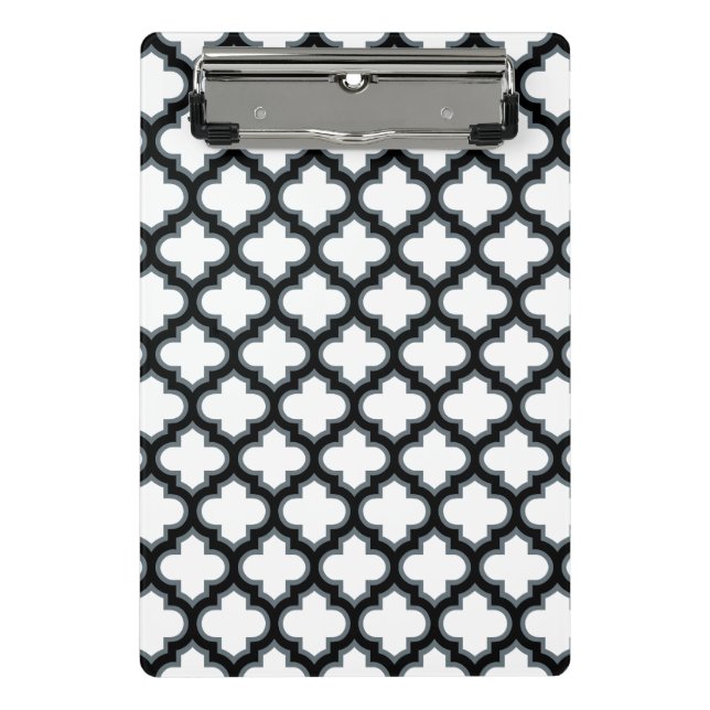 White and Black Trellis, Lattice, Quatrefoil Mini Clipboard (Front)