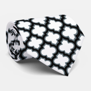 White and Black Trellis, Lattice, Quatrefoil Neck Tie