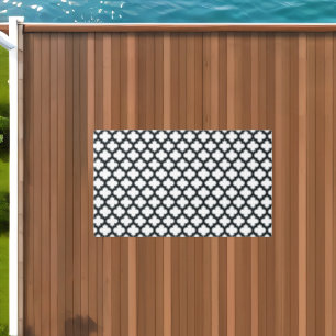 White and Black Trellis, Lattice, Quatrefoil Outdoor Rug