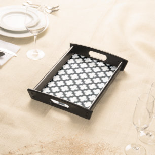 White and Black Trellis, Lattice, Quatrefoil Serving Tray