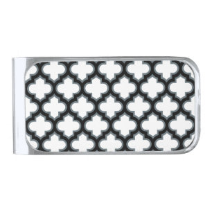 White and Black Trellis, Lattice, Quatrefoil Silver Finish Money Clip