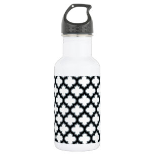 White and Black Trellis, Lattice, Quatrefoil Stainless Steel Water Bottle