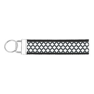 White and Black Trellis, Lattice, Quatrefoil Wrist Keychain