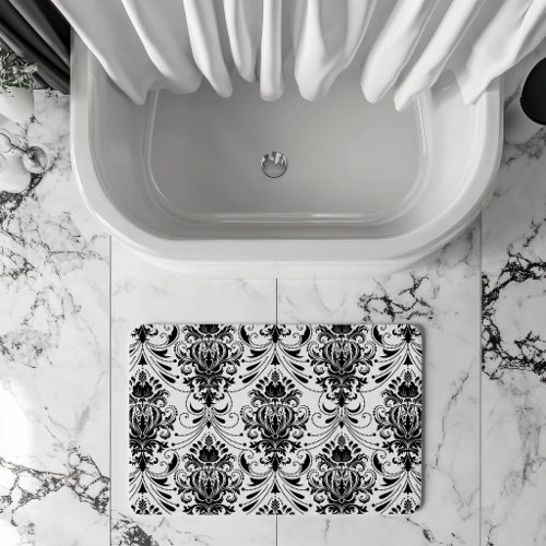 White and Black Vintage Ornamental Damask Pattern Bath Mat