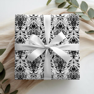 White and Black Vintage Ornamental Damask Pattern Wrapping Paper