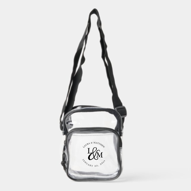 White and Black Wedding Monogram Clear Crossbody Bag (Front)