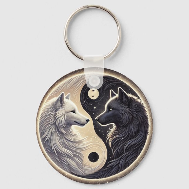 White and Black Wolves Representing Yin and Yang Keychain (Front)