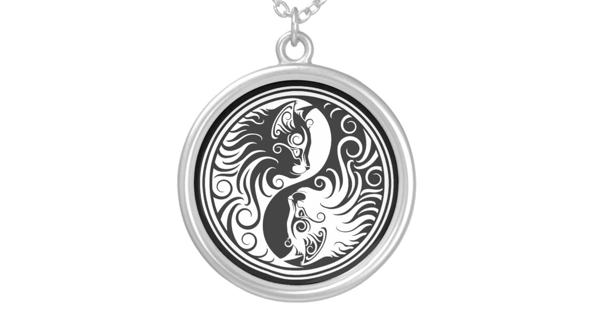 White And Black Yin Yang Cats Silver Plated Necklace Zazzle Com