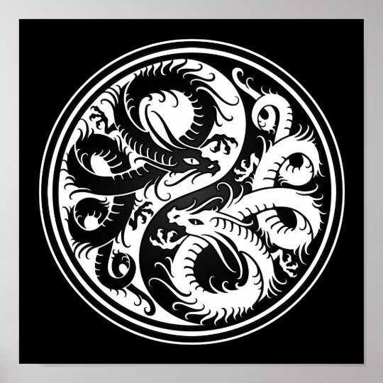 White And Black Yin Yang Chinese Dragons Poster