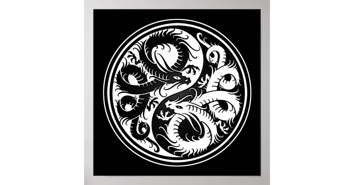 White and Black Yin Yang Chinese Dragons Poster | Zazzle.com