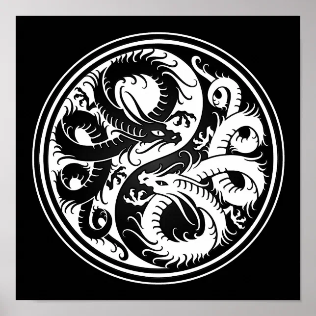 White and Black Yin Yang Chinese Dragons Poster | Zazzle