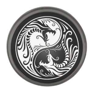White and Black Yin Yang Dragons Gunmetal Finish Lapel Pin