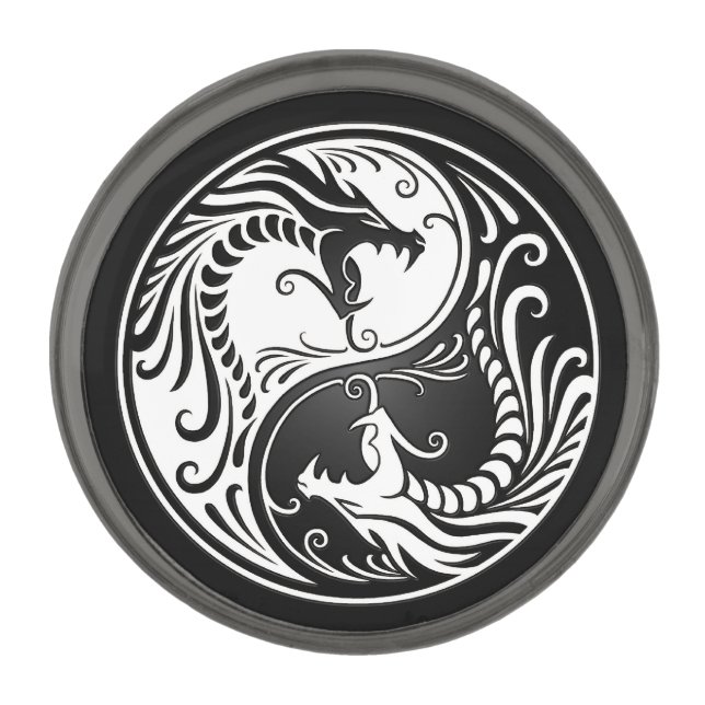 White and Black Yin Yang Dragons Gunmetal Finish Lapel Pin (Front)