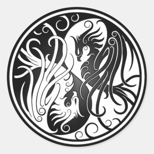 White and Black Yin Yang Phoenix Classic Round Sticker