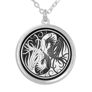 White and Black Yin Yang Phoenix Silver Plated Necklace