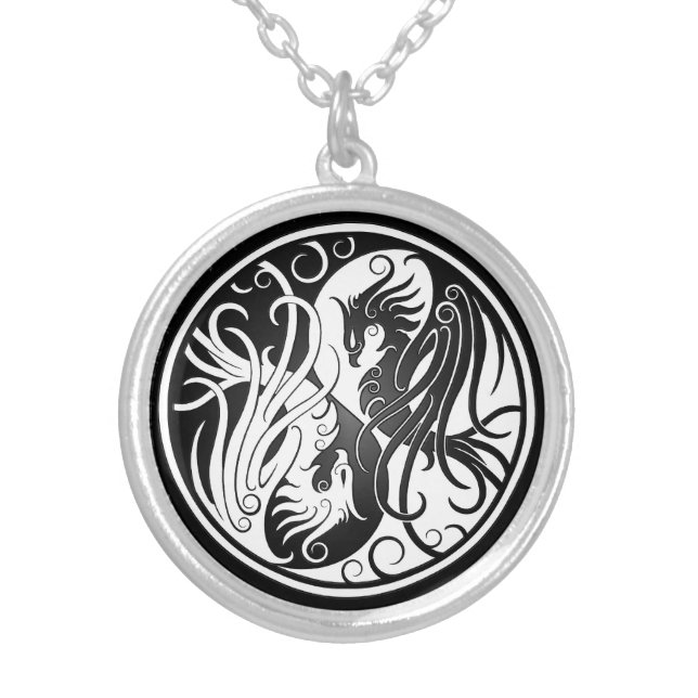 White and Black Yin Yang Phoenix Silver Plated Necklace (Front)