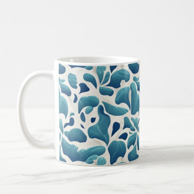 White and Blue Abstract Leaves | Coastal Pattern Coffee Mug (Left)