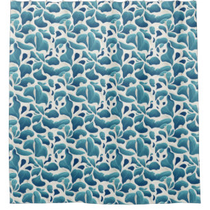 White and Blue Abstract Leaves Coastal Pattern Shower Curtain