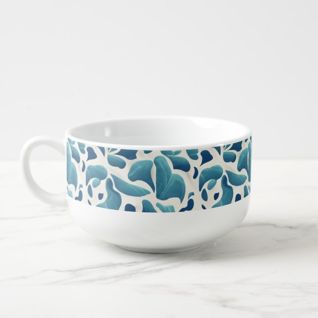 White and Blue Abstract Leaves | Coastal Pattern Soup Mug (Right)