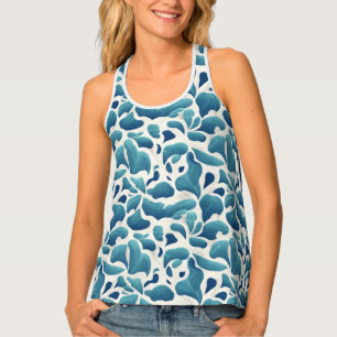 White and Blue Abstract Leaves   Coastal Pattern Tank Top
