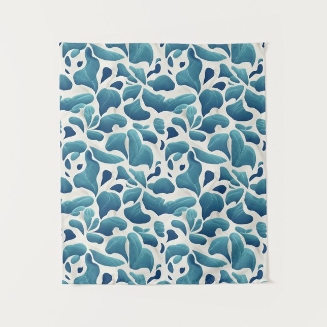 White and Blue Abstract Leaves | Coastal Pattern Tapestry (Front)