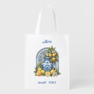White and Blue Amalfi Ceramic Vase Lemons Italy Grocery Bag