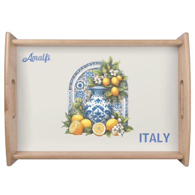 White and Blue Amalfi Ceramic Vase Lemons Italy Serving Tray (Front)