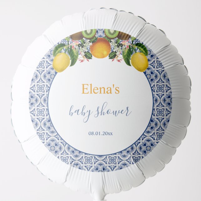 White and Blue Amalfi Lemons Italy Baby Shower  Balloon (Front)