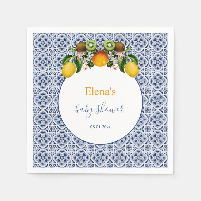 White and Blue Amalfi Lemons Italy Baby Shower  Napkins (Front)