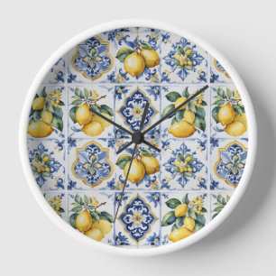 White and Blue Amalfi Tiles Lemons Italy Clock