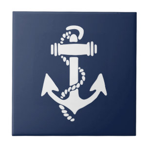 White and Blue Anchor Nautical Beach Ceramic Tile