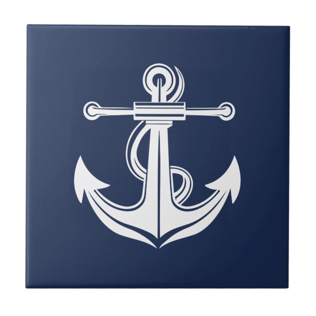 White and Blue Anchor Nautical Beach Ceramic Tile (Front)