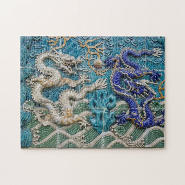 White and Blue Asian Style Dragons Jigsaw Puzzle (Horizontal)