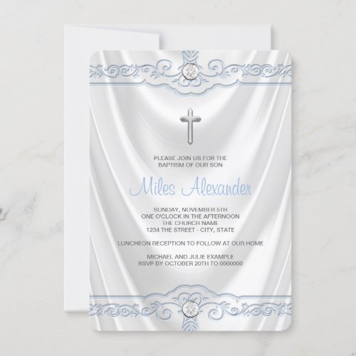 White and Blue Baptism Christening White Satin Invitation