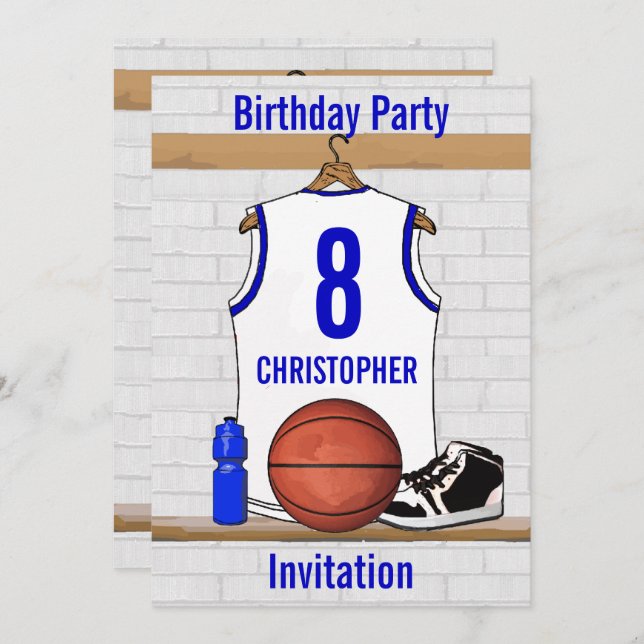 White and Blue Basketball Jersey Birthday Party Invitation (Front/Back)
