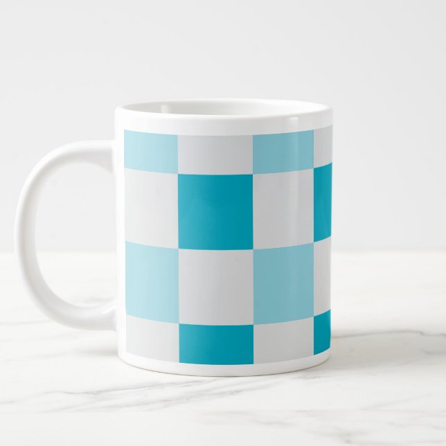 White And Blue Checkerboard Pattern Giant Coffee Mug (Left)