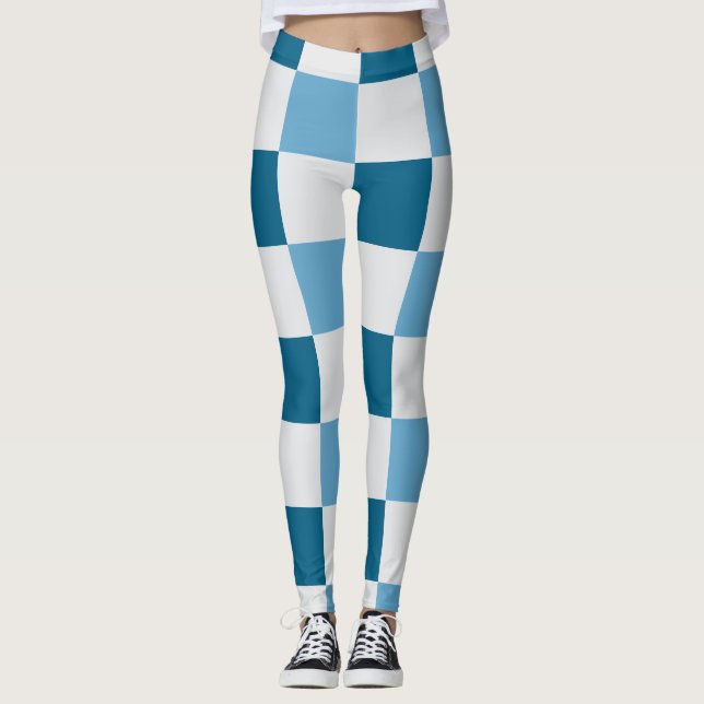 White And Blue Checkerboard Pattern  Leggings (Front)