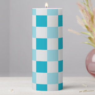 White And Blue Checkerboard Pattern Pillar Candle