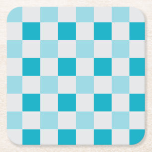 White And Blue Checkerboard Pattern Square Paper Coaster
