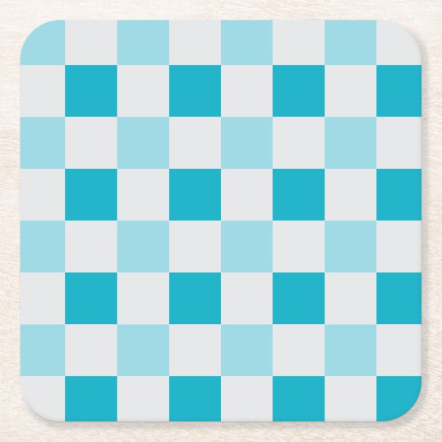 White And Blue Checkerboard Pattern Square Paper Coaster (Front)