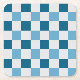White And Blue Checkerboard Pattern  Square Paper Coaster