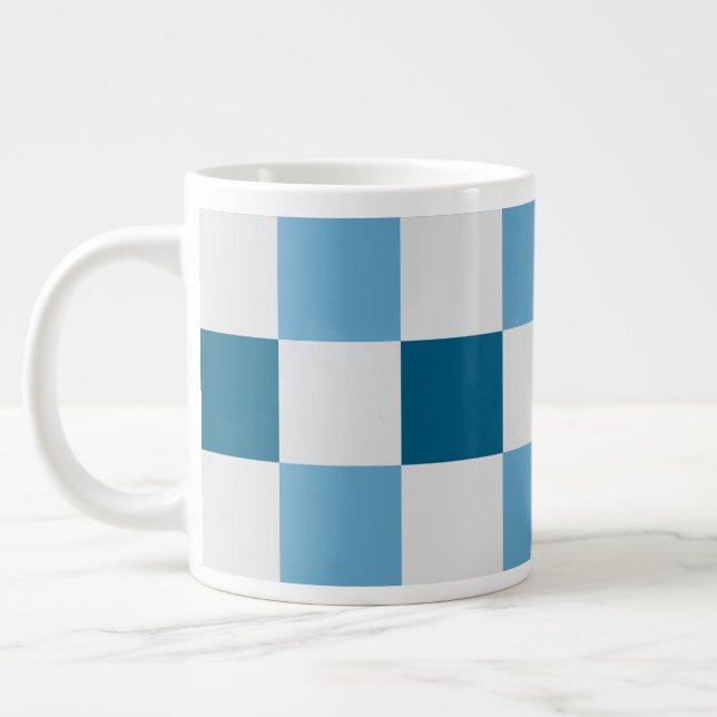 White And Blue Checkerboard Pattern  Square Sticke Giant Coffee Mug (Left)