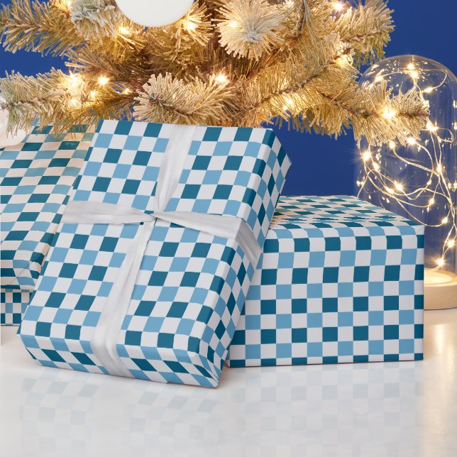 White And Blue Checkerboard Pattern Wrapping Paper (Holidays)