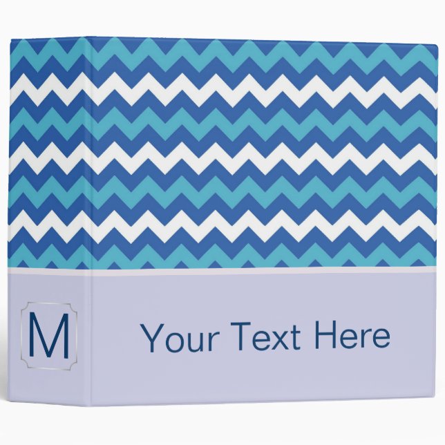White and Blue Chevron Zigzag. Custom Monogram 3 Ring Binder (Front/Spine)