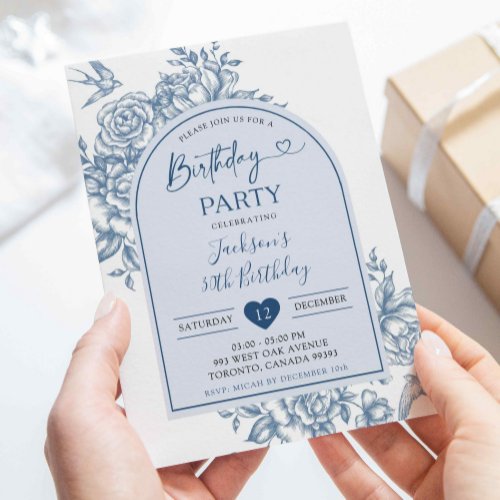 White and Blue Chinoiserie Birthday Party Invitation